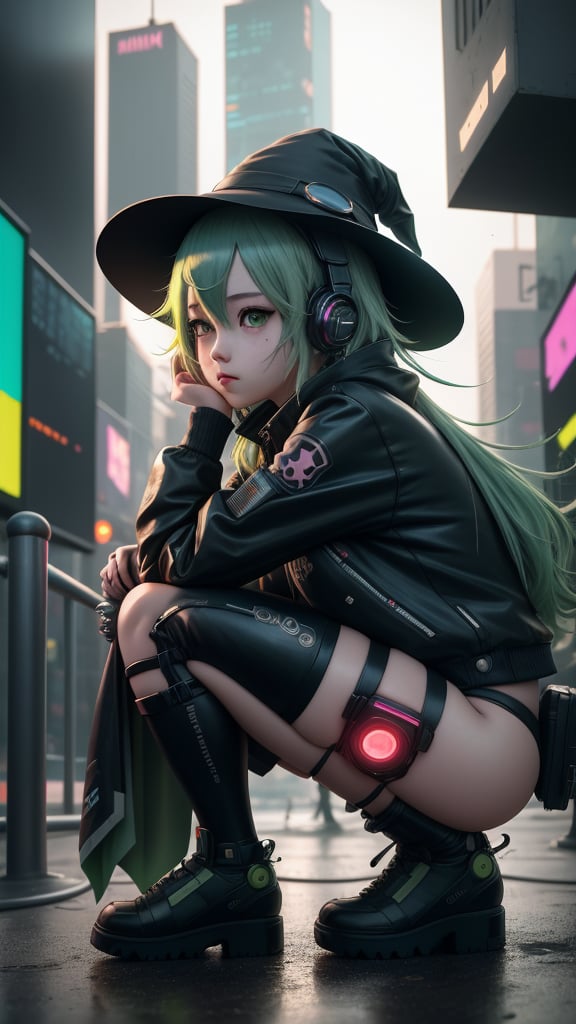 best quality, masterpiece, (detailed:1.2), 1girl, mona,  gumi vocaloid, squatting, cutesie, witch hat, science fiction, cyberpunk, green hair, chromatic aberration, outdoors, city, crowd, faceless crowd","wallpaper, 1boy, solo, male focus, tattoo, monochrome, cyberpunk, (chromatic aberration), detailed background, mechanical parts, cable, indoors