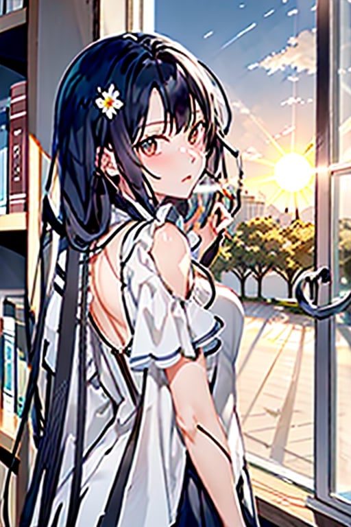 contrast manga, character, anime girl with bangs and medium-long hair in the school library, feels the breath of spring and the sun, the sun falling on the shelves in the school library, creates a feeling of morning and at the same time has the charm of sunset, but in reality it is not clear what time, as if it it was out of time, or it was day, so good that it seems that now it will always be like this.