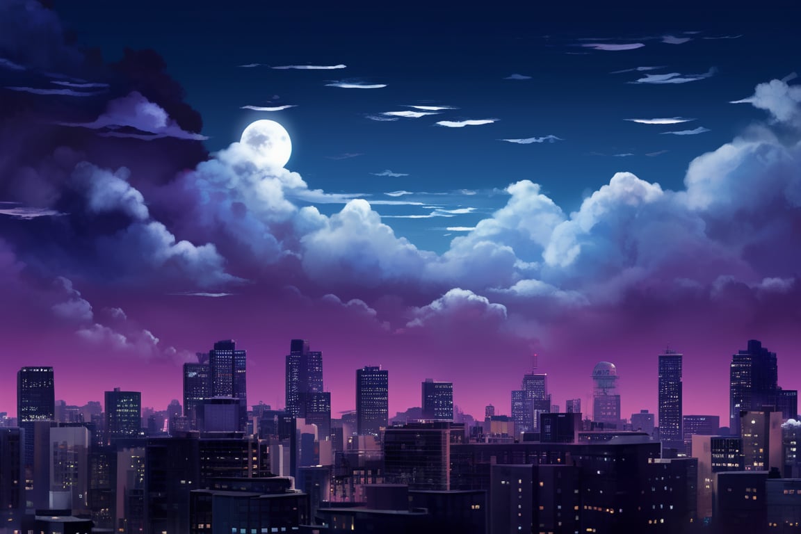 night, cloud lumened by city, bright moon, dark-gray-purple sky; sky scrapers square and rectangular skyscrapers with white frequent square windows, shades of skyscraper windows: dark blue, dark turquoise. The roofs of skyscrapers from dark squares or illuminated with a dim blue border,