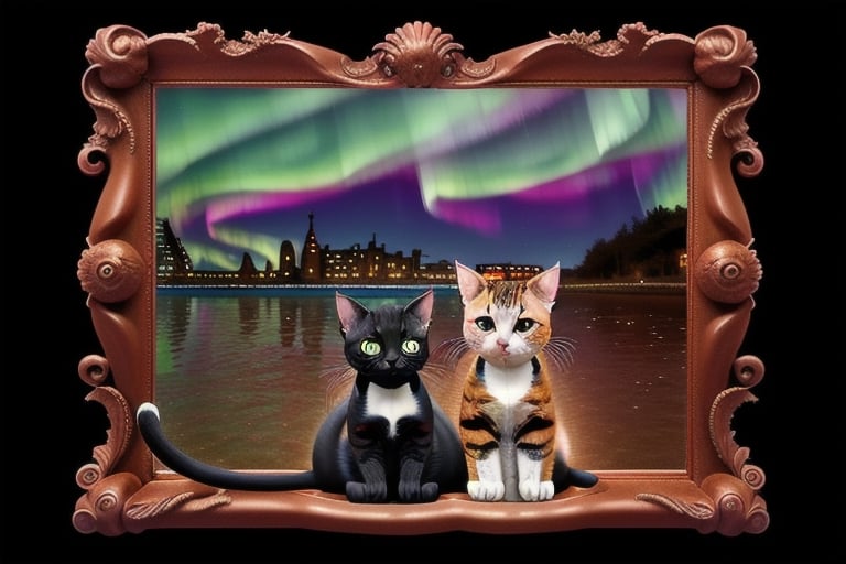 painting of A sky filled with a vibrant aurora borealis illuminating a city with grand columns while cats roam the streets and serpentine creatures swim in the oceans. Style of Cute cats and kittens with a mirror background. rosybrown, chocolate, sandybrown, darkred colors. 8K HD.