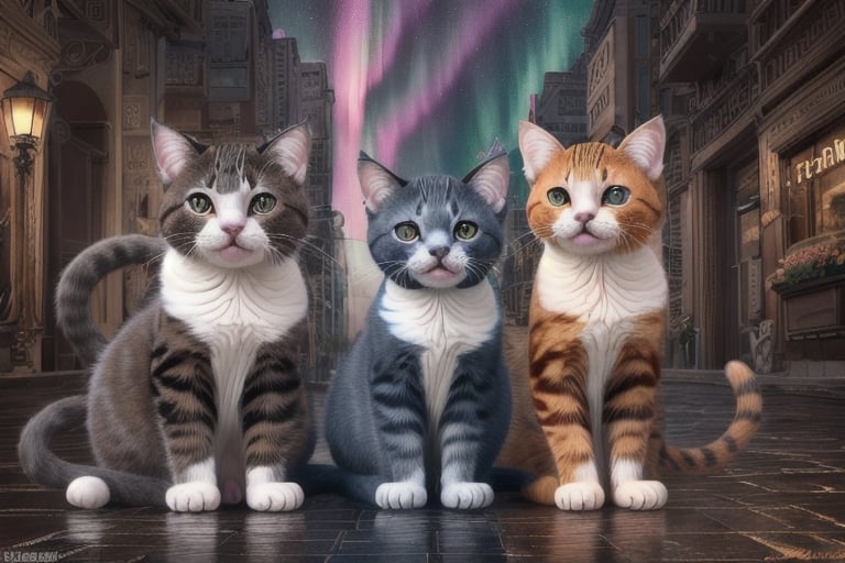 painting of A sky filled with a vibrant aurora borealis illuminating a city with grand columns while cats roam the streets and serpentine creatures swim in the oceans. Style of Cute cats and kittens with a mirror background. rosybrown, chocolate, sandybrown, darkred colors. 8K HD.