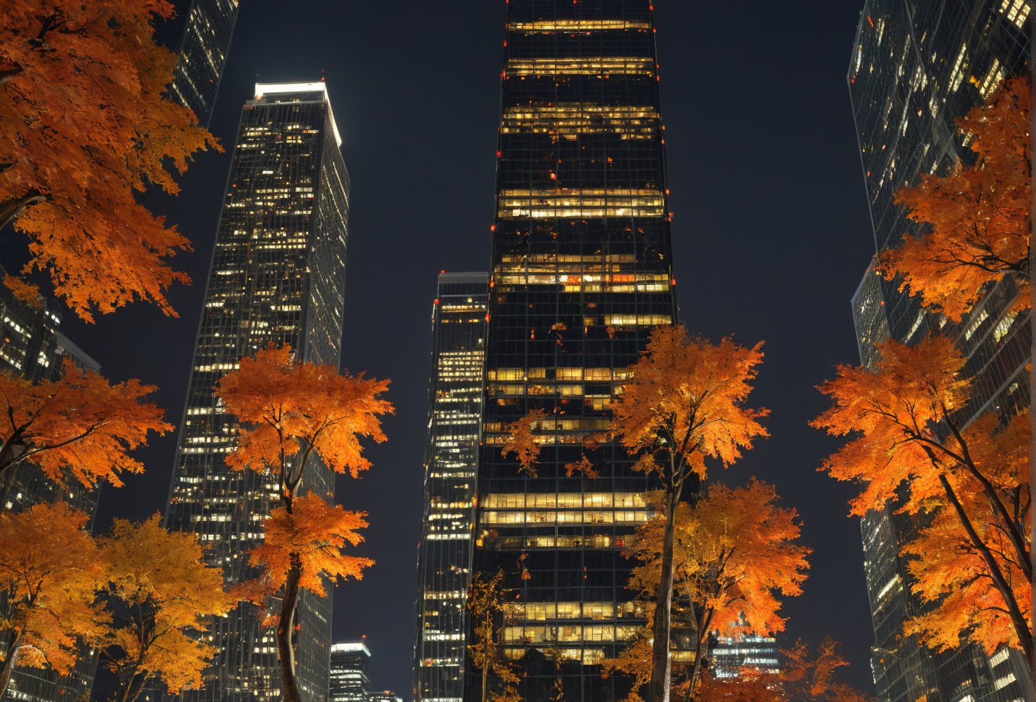 Night, autumn, skyscrapers with orange windows, lanterns illuminate the foliage of the trees and are reflected in the glass of the skyscrapers