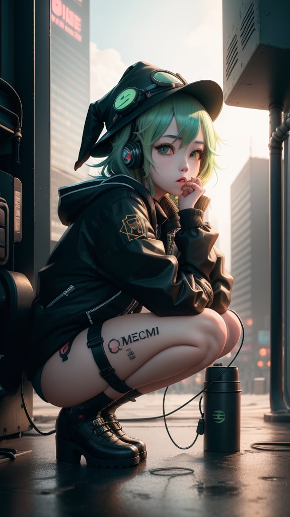 best quality, masterpiece, (detailed:1.2), 1girl, mona, gumi vocaloid, squatting, peeing, cutesie, witch hat, science fiction, cyberpunk, green hair, chromatic aberration, outdoors, city, crowd, faceless crowd","wallpaper, 1boy, solo, male focus, tattoo, monochrome, cyberpunk, (chromatic aberration), detailed background, mechanical parts, cable, indoors