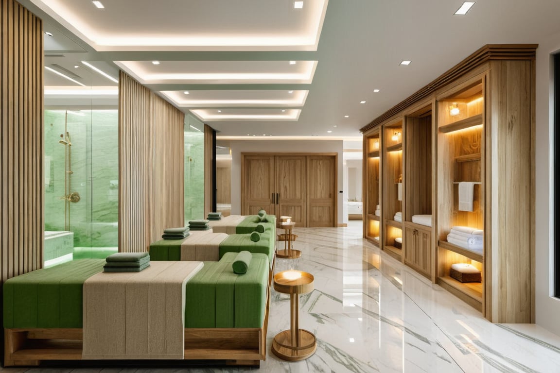 Raw photo,Masterpiece, high quality, best quality, authentic, super detail,
indoors, ( natural oak wooden interior ) , (( SPA AND HEATHY CENTER :1.3)), modern style, daylight, (GREEN TONE ) ,white marble tile floor,  