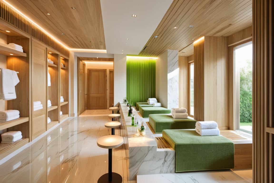 Raw photo,Masterpiece, high quality, best quality, authentic, super detail,
indoors, ( natural oak wooden interior ) , (( SPA AND HEATHY CENTER :1.3)), modern style, daylight, (GREEN TONE ) ,white marble tile floor,  