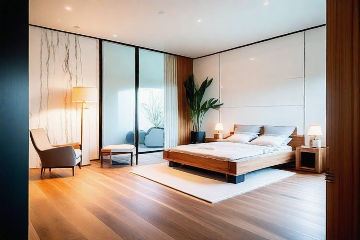 ((masterpiece,best quality,highres,sharp forcus)) (((detail forcus))) , ( bedroom :1.3 ), modern style, daylight, ((WHITE wall : 1.3 )) plaster ceiling, NATURAL WOOD, daylight , WHITE tone , bright color, pendant light, marble tile floor, PENDANT LIGHT,