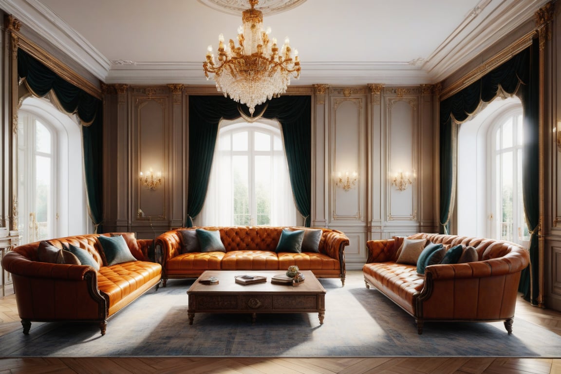 RAW photo, masterpiece, a view of a ( LIVING ROOM :1.3) with a couch, chairs, and a chandelier, highly detailed interior, neo - classical style, neoclassical style, neoclassicism style, interior architect architectural visualization, neoclassical style, in style of classicism, white light sun, rendered in vray, rendered in v-ray, rendered in unreal engine 3d, (photorealistic:1.2), (photorealistic:1.5), best quality, ultra high res, architechture, (leather sofa detail:1.5), neoclassic house, (detailed railing neoclassic:1.5), luxury neoclassical villa, (mable floor details:1.5), (detailed neoclassical carpet:1.5), in the style of neoclassical scene, glass windows, best quality, (Intricate lines:1.5), ((Photorealism:1.5)),(((hyper detail:1.5))), archdaily, award winning design, (dynamic light:1.3), (day light:1.2), (perfect light:1.3), (shimering light :1.4), refection glass windows, (curved line architecture arch:1.2), photorealistic, FKAA, TXAA, RTX, SSAO, Post Processing, Post-Production, CGI, VFX, SFX, Full color,((Unreal Engine 5)), Canon EOS R5 Camera + Lens RF 45MP full-frame CMOS sensor, HDR, Realistic, Cinematic intricate detail, extreme detail, science, hyper-detail, FKAA, super detail, super realistic, crazy detail, intricate detail, nice color grading, reflected light on glass, eye-catching wall lights, unreal engine 5, octane render, cinematic, trending on artstation, High-fidelity, Viwvid, Crisp, Sharp, Bright, Stunning, ((Lifelike)), Natural, ((Eye-catching)), Illuminating, Flawless, High-quality,Sharp edge rendering, medium soft lighting, photographic render, detailed archviz, ((( Pachyloba, Doussie, Afzelia wooden : 1.7 ))), (((  organge Tone : 1.3 )))