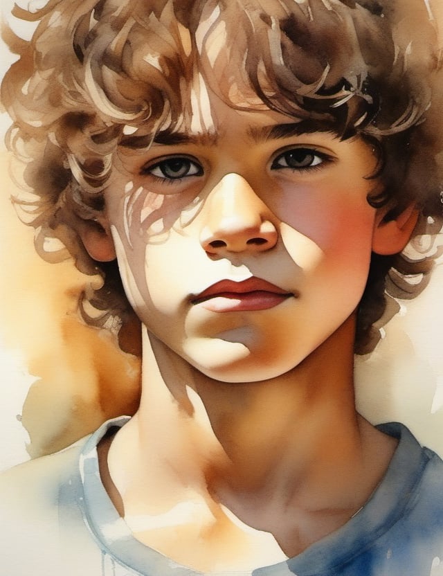 "Create a harmonious watercolor canvas artwork, portraying a 13-year-old Portuguese boy. Draw inspiration from artists like José Malhoa, Paula Rego, and Silva Porto. Use a subtle and natural color palette to capture the nuances of his white skin tone and the texture of his tightly knit, curly hair in a close-up view of his face. Convey an intimate and expressive atmosphere through the delicate application of watercolors."

,realistic,oil paint