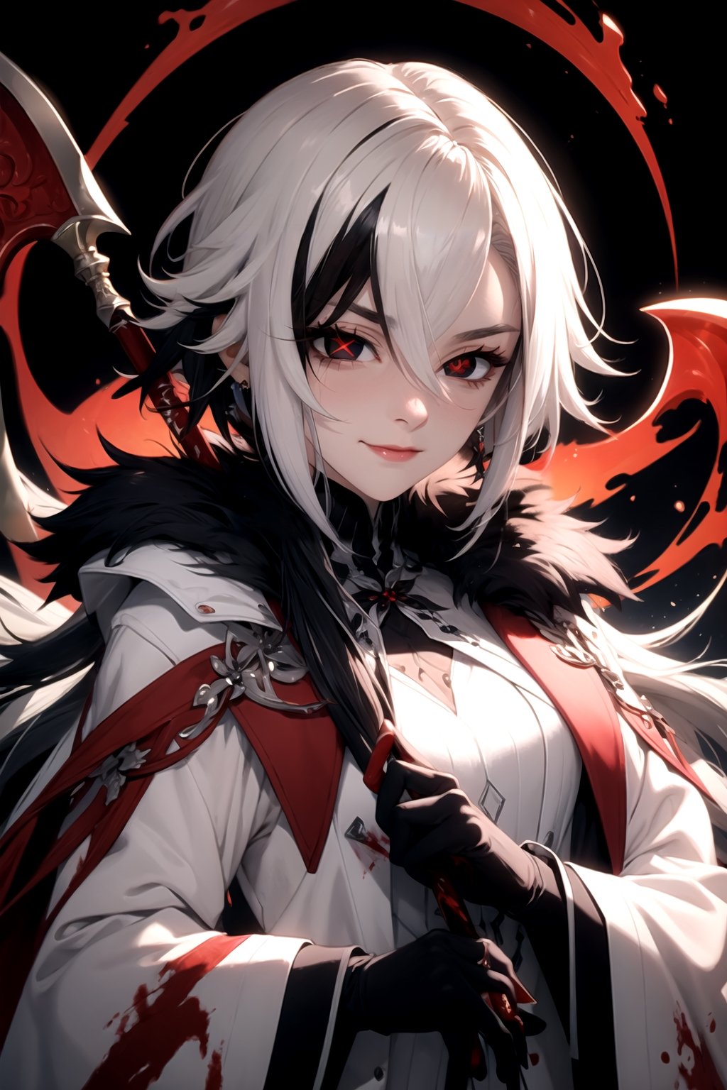 ((best quality)), ((masterpiece)), ((detailed)), female, long_hair, beautiful,  pale, regal, slender, petite, black gloves, hair between eyes, x-shaped pupils, streaked hair, short hair,  jewelry, red pupils, fur-trimmed coat, white coat, wielding a scythe, blood magic, 