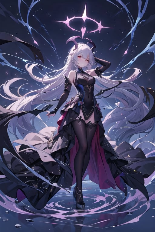 cartoon, anime, illustration, digital art, background, (masterpiece, best quality), background, female, white hair, red eyes, white dress with detached sleeves, bandages, eldritch, long hair, lithe body, athletic body, young lady, princess, textured hair, highly detailed, high_heels, eldritch horror, horror, god-like person, stars, pool of stars, full dress, long skirt, honkai (series),fantasy00d