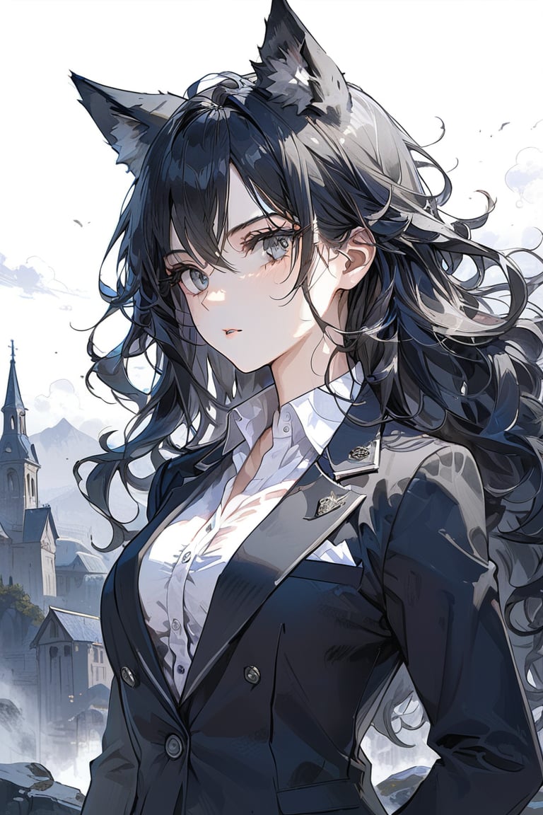 ((masterpiece)), ultra detailed, best quality, 8k, aesthetic, 1girl, female, illustration, Beautiful eyes, detailed, background, stunning eyes, long hair, black hair, wild hair, grey eyes, wolf ears, athletic, white shirt, blazer, Expressiveh,dark theme, muscle,scenery, background, fantasy, landscape,