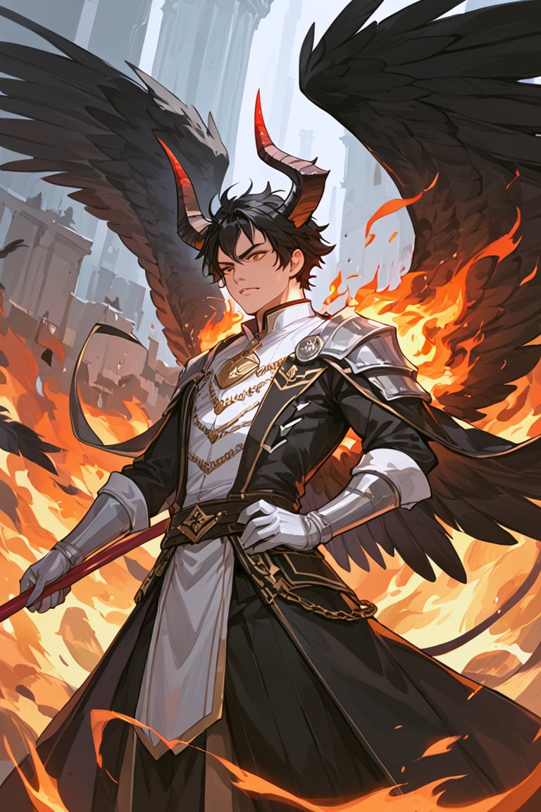 score_9_up, score_9, score_8_up, score_8, score_7, score_7_up, score_6_up, score_5_up, score_4_up, male, illustration, black hair, shoulder length hair, demon, regal horns, wings, black feathered wings, multiple wings, burning feathers, refined clothes, dressed, lucifer, BREAK source_anime,