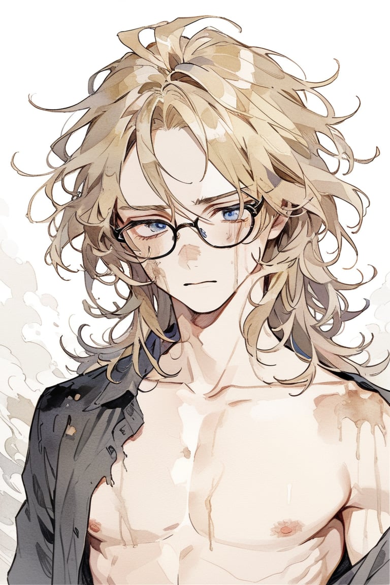 ((masterpiece)), ultra detailed, best quality, aesthetic, illustration, Beautiful eyes, detailed, background, stunning eyes, blonde hair, messy wavy hair, 1boy, male, nerdy, lean body, glasses, abused, bruises,