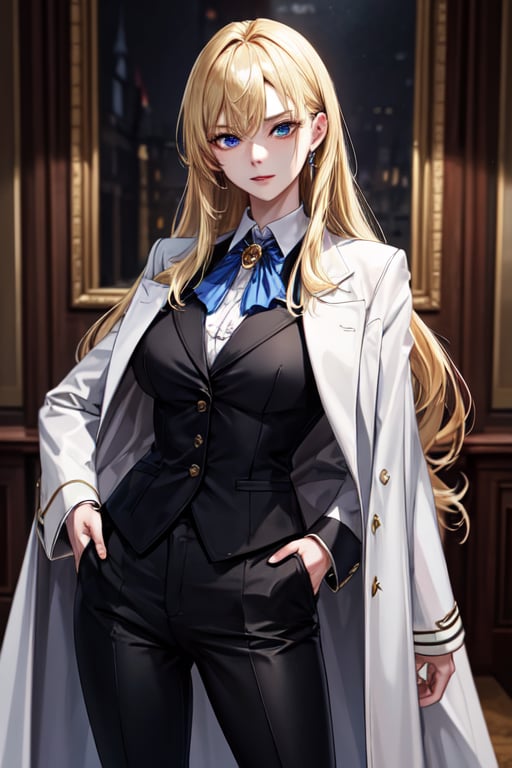 (masterpiece, best quality, highres:1.3), ultra resolution image, (female),  female, medieval, long blonde hair, blue eyes, sharp eyes, pale skin, medieval, slender, formal, formal pants, formal coat, brooch, royalty, arrogant poise,