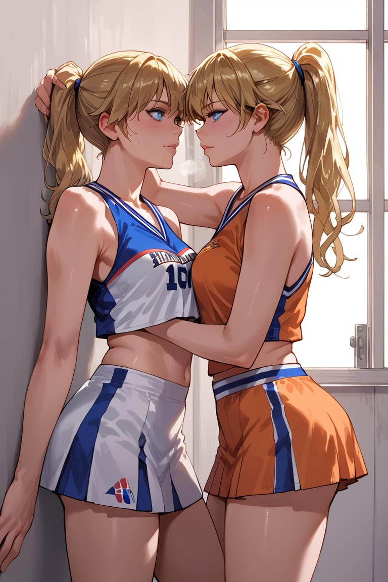  score_9_up, score_9, score_8_up, score_8, score_7, score_7_up, score_6_up, score_5_up, BREAK source_anime, 2girls, female, illustration, Beautiful eyes, detailed, extremely detailed, stunning eyes, blue eyes, blonde hair, long hair, ponytail, tomboy, basketball, against wall, kabedon, cheerleader,