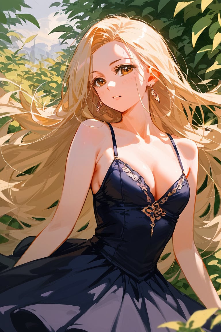 score_9_up, score_9, score_8_up, score_8, score_7, score_7_up, score_6_up, score_5_up, score_4_up, female, illustration,  beautiful, cinematic, dress, long hair, blonde hair, pale skin, brown eyes. bratty, hourglass figure, regal appearance, earrings, rich,, BREAK,source_anime,Beautiful eyes,Eyes