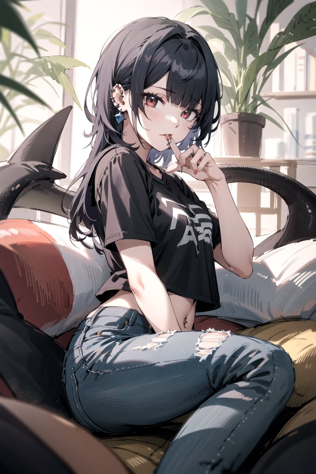 (beauty girl), (ultra-high picture quality), (masterpiece, best quality, highres:1.3), ultra resolution image, female, ((piercings, lip peircing, ear peircings)), shark girl, shark tail, fins, red eyes, (spot below left eye), thick thighs, grey shark tail, black hair, college student, modern clothing, jeans, t-shirt, shark, Detailedface, anime_screencap, anime, hair reaches past shoulders, belly_peek, ((hair reaches back)),