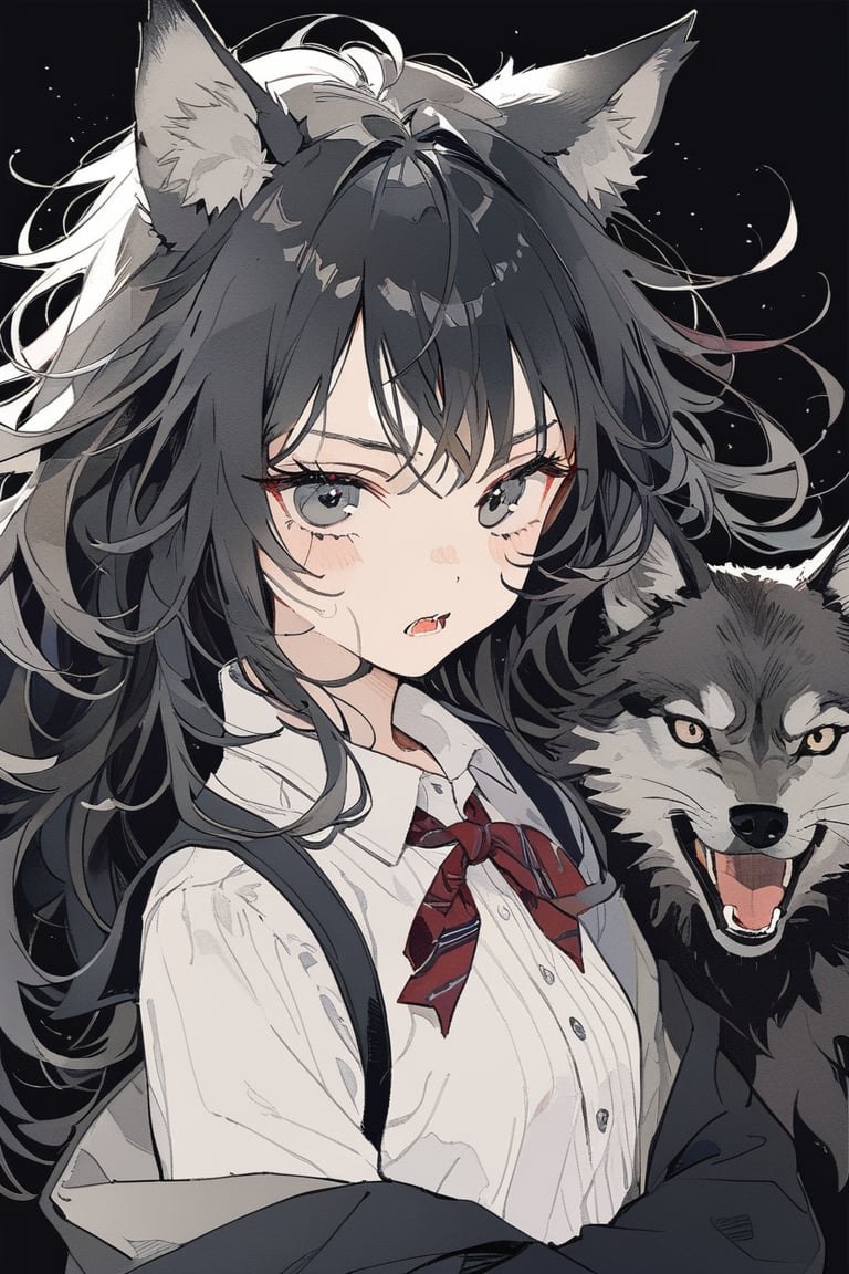 ((masterpiece)), ultra detailed, best quality, 8k, aesthetic, 1girl, female, illustration, Beautiful eyes, detailed, extremely detailed, stunning eyes, long hair, werewolf, full-body_portrait, blach hair, growling, messy hair, grey eyes, canines, wolf ears, full_body, school_uniforms,
