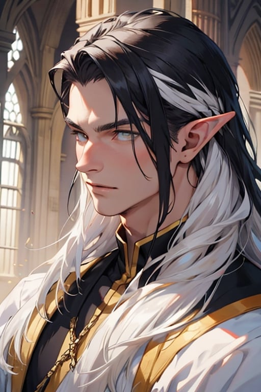 ((best quality)), ((masterpiece)), ((detailed)), long hair, black hair with white streaks, white streakd hair, streaked_hair, pointed_ears, male, king, regal, multicolored_hair, elf_(species), yello eyes, medieval, fantasy, pale, smooth skin,