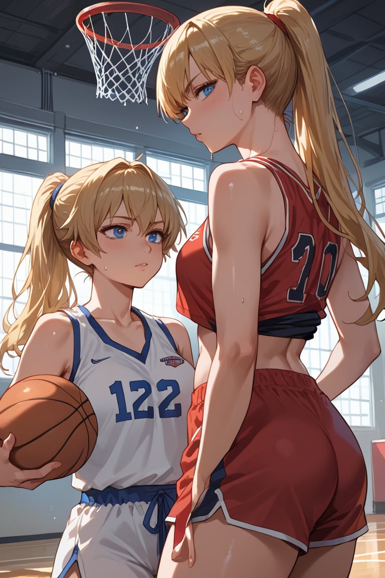  score_9_up, score_9, score_8_up, score_8, score_7, score_7_up, score_6_up, score_5_up, BREAK source_anime, 2girls, female, illustration, Beautiful eyes, detailed, extremely detailed, stunning eyes, blue eyes, blonde hair, long hair, ponytail, tomboy, basketball player, wiping sweat,