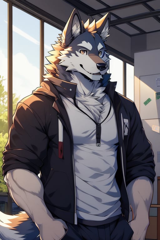 manga, anime, illustration, digital art, (masterpiece, best quality:1.2), (ultra detailed),(illustration), wallpaper, original, male, furry, tall, strong, anthro_wolf, ice_wolf_(species), lupine, college, modern day, anime_screencap, cartoon, slender, Furry male, white fur, wolf ears,