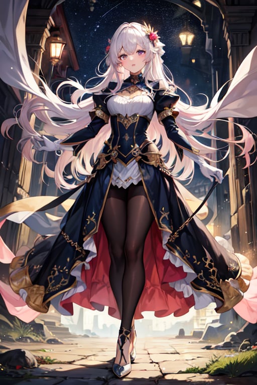 (masterpiece, best quality, highres:1.3), ultra resolution image, female, beautiful, long hair, dress, fantasy, medieval, pure white hair, ((Light blue and pink eyes)), slender, starlight, heels, silk white gloves, black pantyhose, princess, star, 