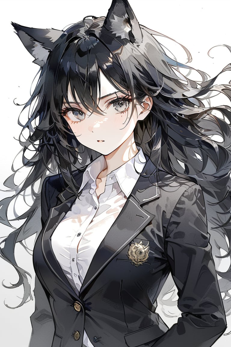 ((masterpiece)), ultra detailed, best quality, 8k, aesthetic, 1girl, female, illustration, Beautiful eyes, detailed, background, stunning eyes, long hair, black hair, wild hair, grey eyes, wolf ears, athletic, white shirt, blazer, school_uniform,Expressiveh,dark theme, muscled female, 