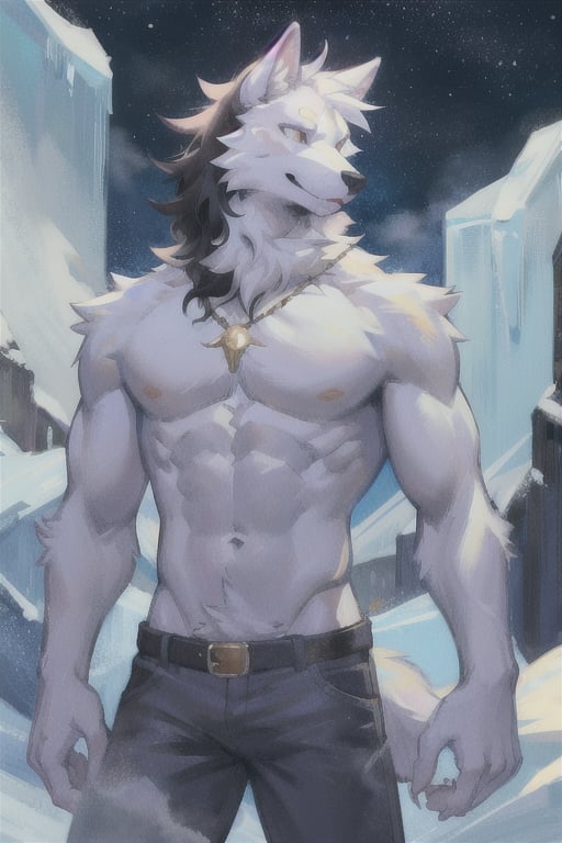 manga, anime, illustration, digital art, (masterpiece, best quality:1.2), (ultra detailed),(illustration), wallpaper, original, male, furry, tall, strong, anthro_wolf, ice_wolf_(species), lupine, college, modern day, anime_screencap, cartoon, slender, Furry male, white fur, wolf ears, black hair,