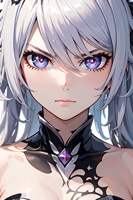 ((masterpiece)), ((best quality)), ((ultra high resolution)), kiana kaslana, white hair, long hair, wild hair, close_up, glaring, angry look, perfect eyes, perfect face, kiana kaslana, purple pupils,