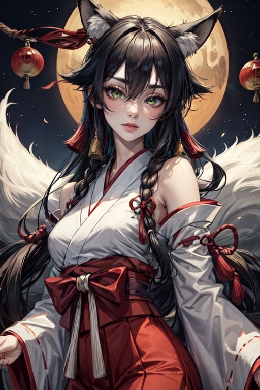 ((best quality)), ((masterpiece)), (detailed), female, slender, black hair, pale skin, green_eyes, straight_hair, beautiful, regal, japanese, traditional_japanese_clothes, kitsune, fox tails, kimono, animal_tails, ,Detailedface, petite, small breasts,