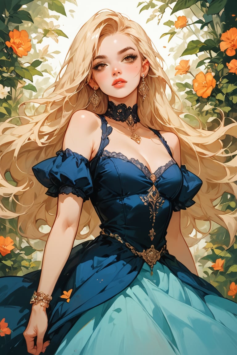 score_9_up, score_9, score_8_up, score_8, score_7, score_7_up, score_6_up, score_5_up, score_4_up, female, illustration,  beautiful, cinematic, dress, long hair, blonde hair, pale skin, brown eyes, bratty, hourglass figure, regal appearance, earrings, rich,