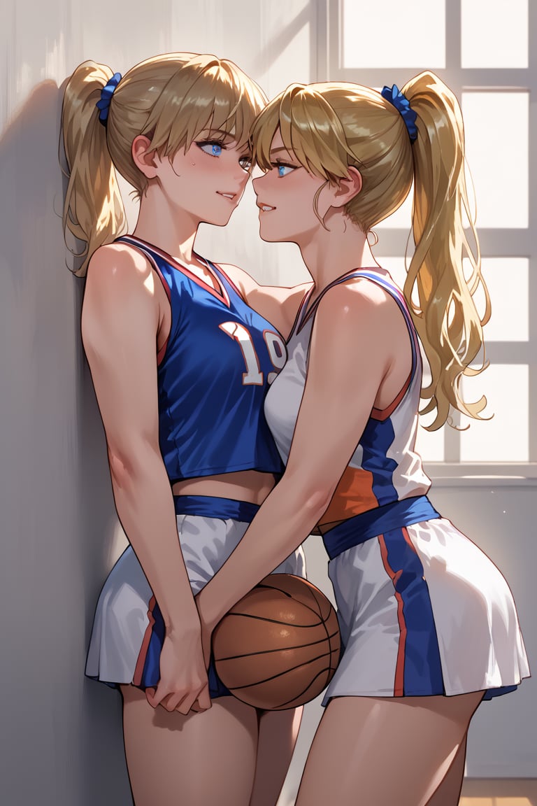  score_9_up, score_9, score_8_up, score_8, score_7, score_7_up, score_6_up, score_5_up, BREAK source_anime, 2girls, female, illustration, Beautiful eyes, detailed, extremely detailed, stunning eyes, blue eyes, blonde hair, long hair, ponytail, tomboy, basketball, against wall, kabedon, taller basketballer, cheerleader, biting lips, basketballer pinning cherleader against wall,