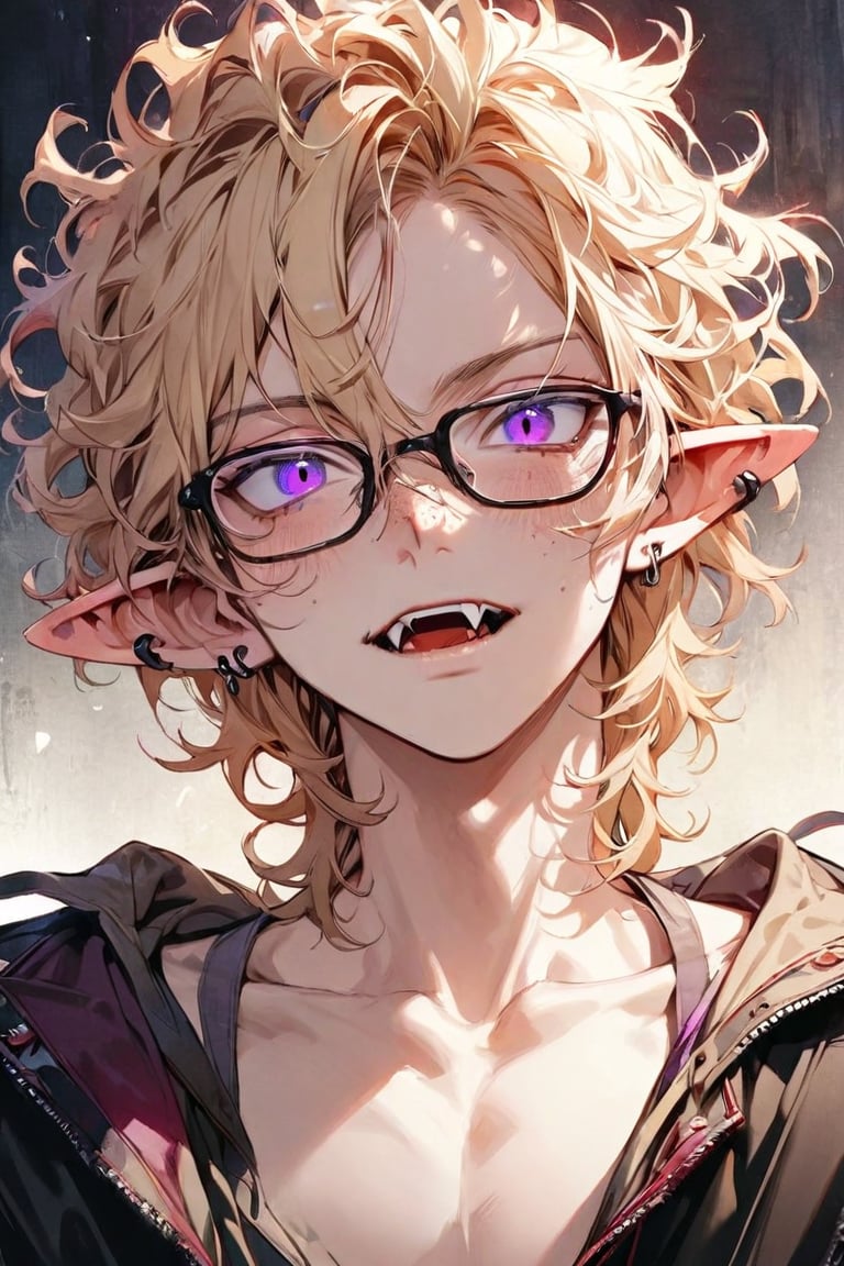 ((masterpiece)), ultra detailed, best quality, illustration, Beautiful eyes, detailed, background, stunning eyes, blonde hair, messy wavy hair, 1boy, male, nerdy, skinny, glasses, bruises, short hair, long bangs, deep blue eyes, purple eyes, vampire, pointed elven ears, freckled nose, lip ring, ear piercing, jacket,Fang