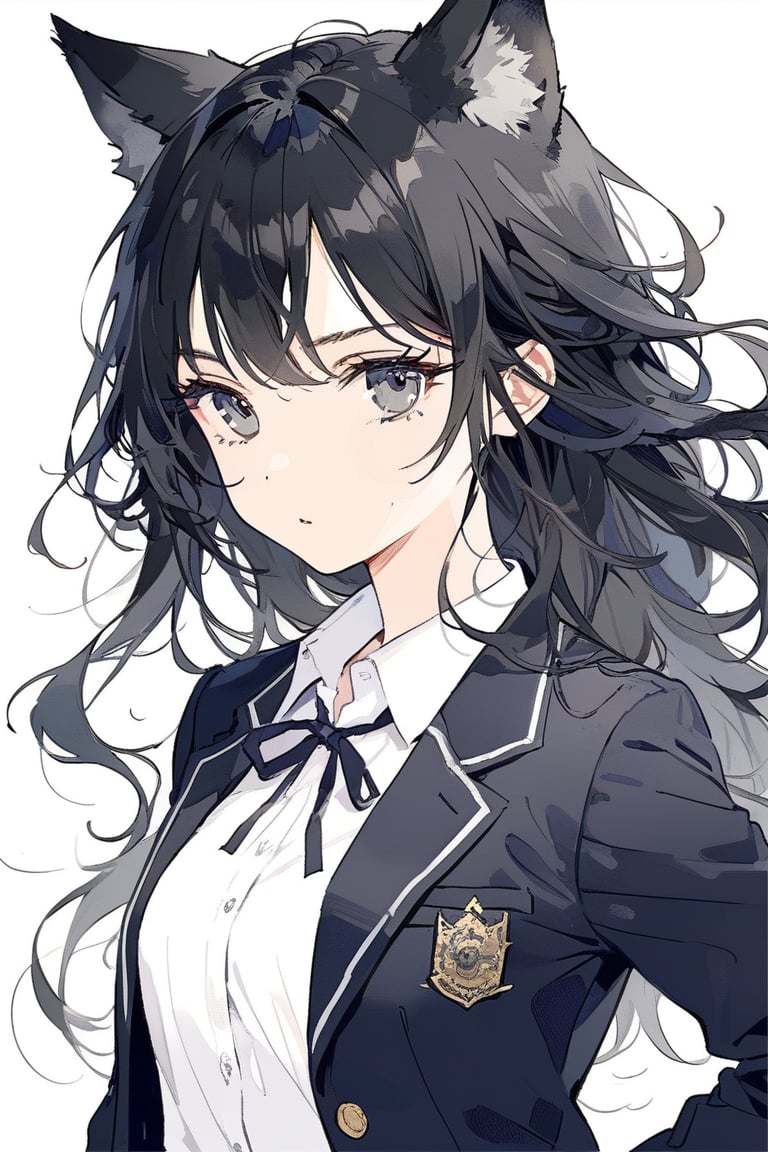 ((masterpiece)), ultra detailed, best quality, 8k, aesthetic, 1girl, female, illustration, Beautiful eyes, detailed, background, stunning eyes, long hair, black hair, wild hair, grey eyes, wolf ears, athletic, white shirt, blazer, school_uniform,