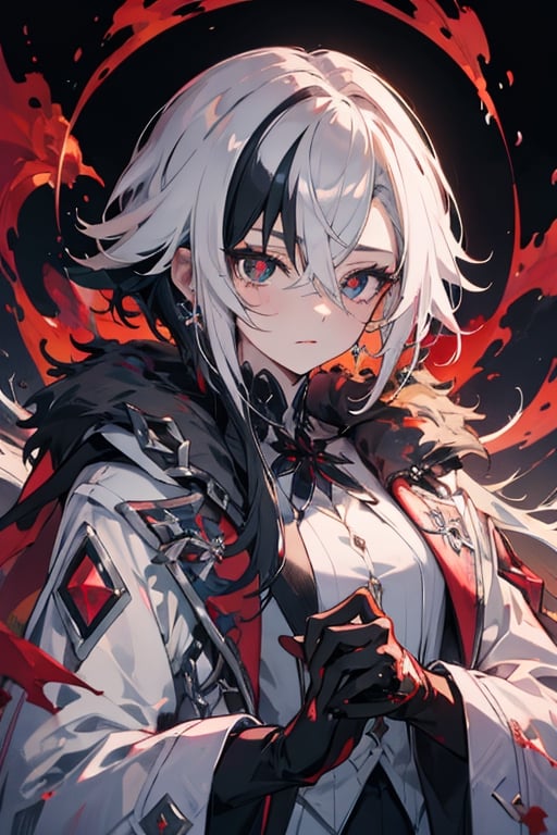 ((best quality)), ((masterpiece)), ((detailed)), female, long_hair, beautiful,  pale, regal, slender, petite, black gloves, hair between eyes, x-shaped pupils, streaked hair, short hair, blood magic, jewelry, red pupils, fur-trimmed coat, white coat,