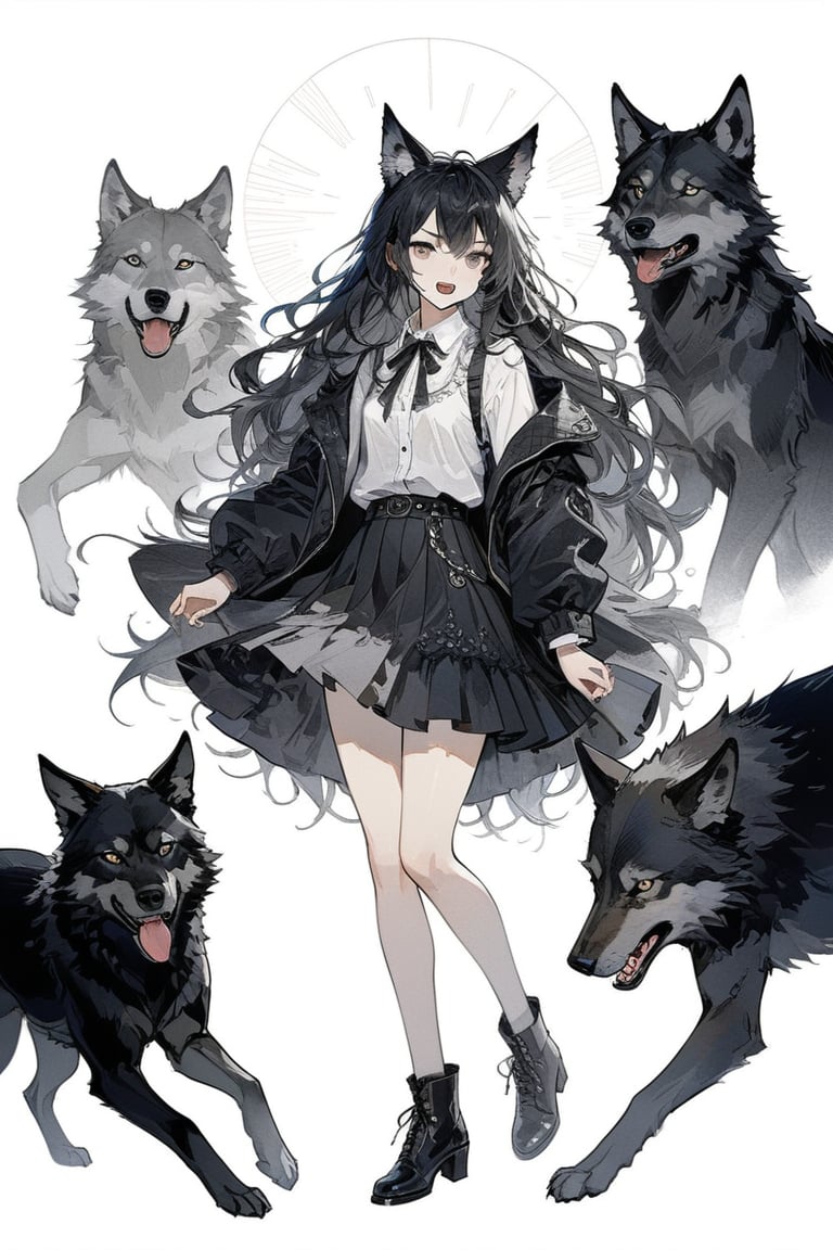 ((masterpiece)), ultra detailed, best quality, 8k, high resolutionl, aesthetic, 1girl, female, illustration, Beautiful eyes, detailed, extremely detailed, stunning eyes, long hair, werewolf, full-body_portrait, blach hair, growling, messy hair, grey eyes, canines, wolf ears, full_body,