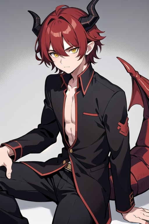 (masterpiece, best quality), (detailed), 1_boy, male, dark red hair, Dragon Demihuman, horns, yellow eyes, slit pupils, dragon horns, modern, black shirt, tail, 