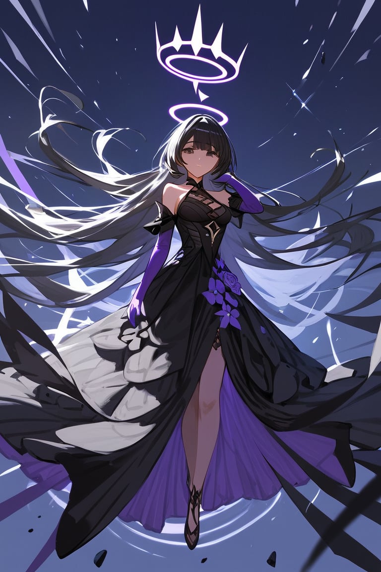 (score_9,score_8_up,score_7_up,score_6_up,score_5_up,score_4_up), detailed, anime, female, long hair, breasts, looking at viewer, bangs, black hair, dress, bare shoulders, very long hair, full body, elbow gloves, black dress, halo, large circle halo behind head, , floating, absurdly long hair, large circle behind her, halo, long hair, honkai (series), long gown, purple hands, floating above, black and white hair,