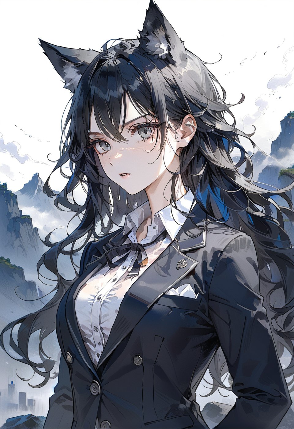 ((masterpiece)), ultra detailed, best quality, 8k, aesthetic, 1girl, female, illustration, Beautiful eyes, detailed, background, stunning eyes, long hair, black hair, wild hair, grey eyes, wolf ears, athletic, white shirt, blazer, Expressiveh,dark theme, muscle,scenery, background, fantasy, landscape,