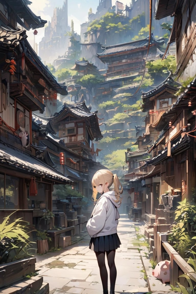 ((masterpiece)), ultra detailed, best quality, illustration, Beautiful eyes, detailed, background, scenery, detailed_background, stunning eyes, female, 1girl, slender, petite, pale skin, cute, blonde hair, detailed hair, pig tails, skirt, japanese, white hoodie, v-tuber,