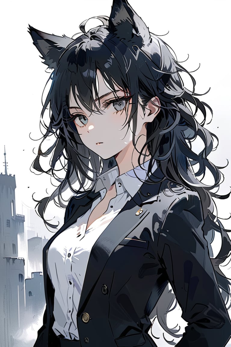 ((masterpiece)), ultra detailed, best quality, 8k, aesthetic, 1girl, female, illustration, Beautiful eyes, detailed, background, stunning eyes, long hair, black hair, wild hair, grey eyes, wolf ears, athletic, white shirt, blazer, Expressiveh,dark theme, muscle,scenery