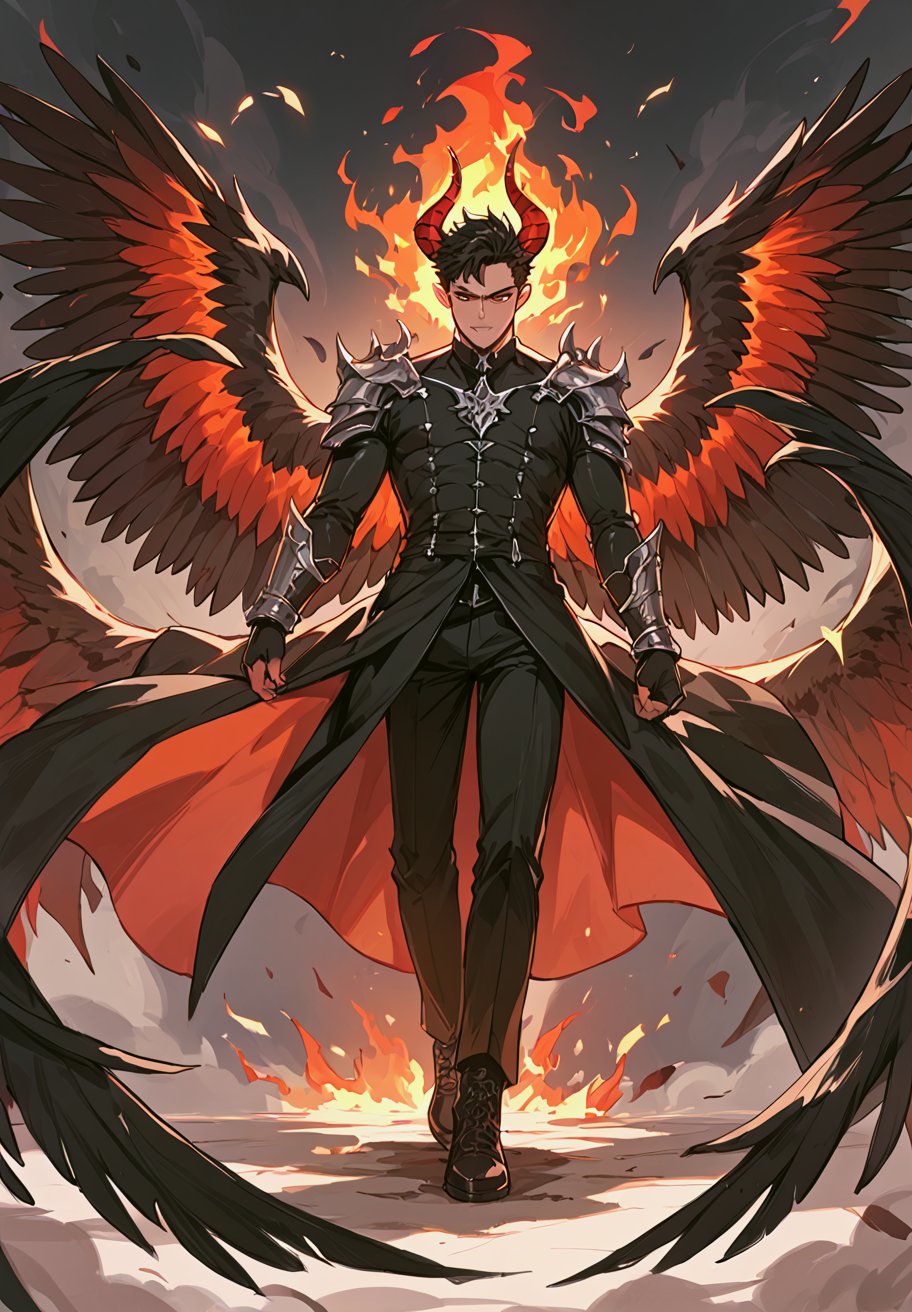 score_9_up, score_9, score_8_up, score_8, score_7, score_7_up, score_6_up, score_5_up, score_4_up, male, illustration, black hair, shoulder length hair, demon, regal horns, black feathered wings, (multiple wings), burning wings, refined clothes, hellscape, BREAK, source_anime,demonic,DonMD3m0nV31nsXL