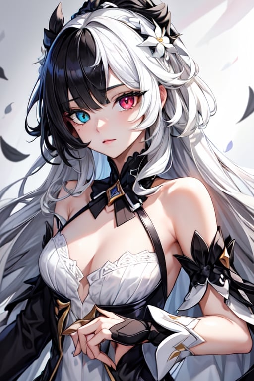 (masterpiece, best quality), (detailed), female, petite, petals, long_hair, ((heterochromia, black eye and white eye)), beautiful, long black hair set in perfect princess curls, honkai_impact_3rd, IncrsSlitPupil, slit pupils,