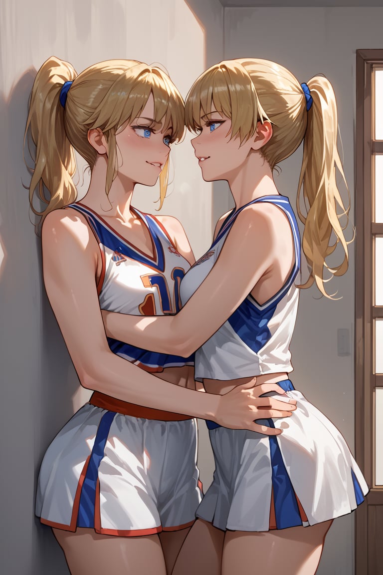  score_9_up, score_9, score_8_up, score_8, score_7, score_7_up, score_6_up, score_5_up, BREAK source_anime, 2girls, female, illustration, Beautiful eyes, detailed, extremely detailed, stunning eyes, blue eyes, blonde hair, long hair, ponytail, tomboy, basketball, against wall, kabedon, taller basketballer, cheerleader, biting lips, basketballer pinning cherleader against wall,