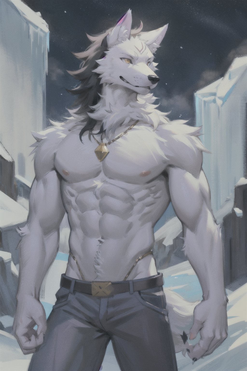 manga, anime, illustration, digital art, (masterpiece, best quality:1.2), (ultra detailed),(illustration), wallpaper, original, male, furry, tall, strong, anthro_wolf, ice_wolf_(species), lupine, college, modern day, anime_screencap, cartoon, slender, Furry male, white fur, wolf ears, black hair,