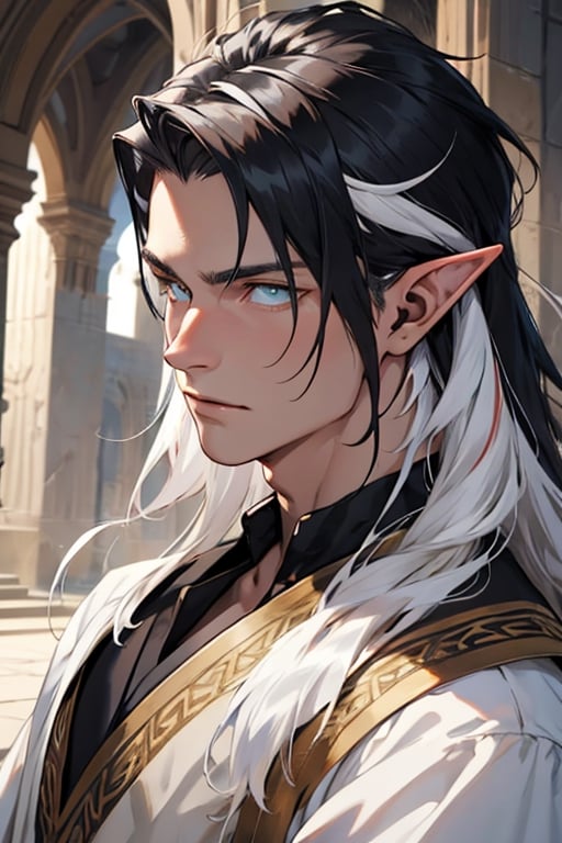 ((best quality)), ((masterpiece)), ((detailed)), long hair, black hair with white streaks, white streakd hair, streaked_hair, pointed_ears, male, king, regal, multicolored_hair, elf_(species), golden eyes, medieval, fantasy, pale, smooth skin,