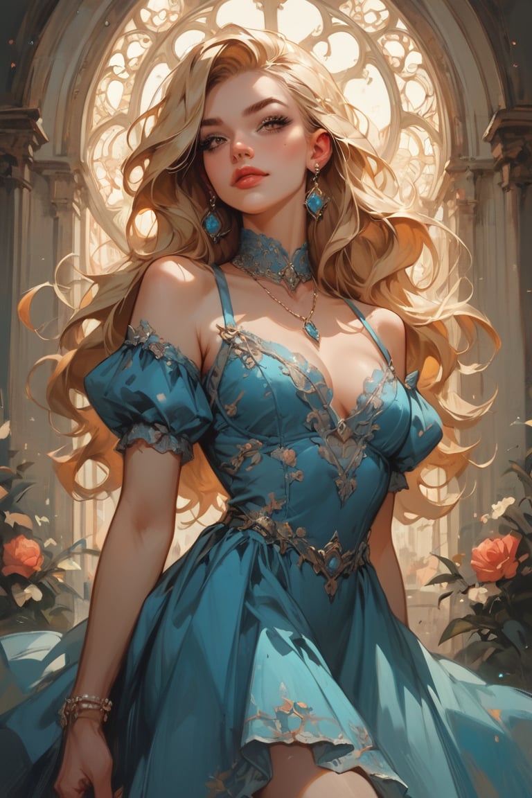 score_9_up, score_9, score_8_up, score_8, score_7, score_7_up, score_6_up, score_5_up, score_4_up, female, illustration,  beautiful, cinematic, dress, long hair, blonde hair, pale skin, brown eyes, bratty, hourglass figure, regal appearance, earrings, rich,