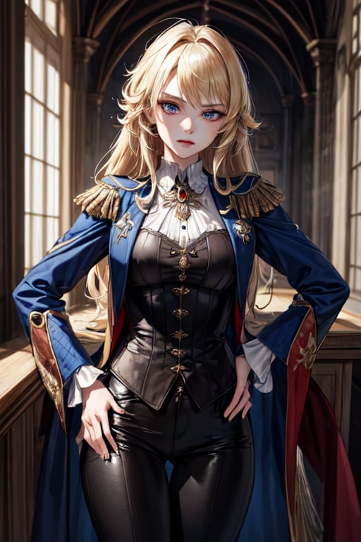 (masterpiece, best quality, highres:1.3), ultra resolution image, (female),  female, medieval, long blonde hair, blue eyes, sharp eyes, pale skin, medieval, slender pants, tail coat, brooch, royalty, arrogant poise, fantasy historical, historical, pencil_drawing