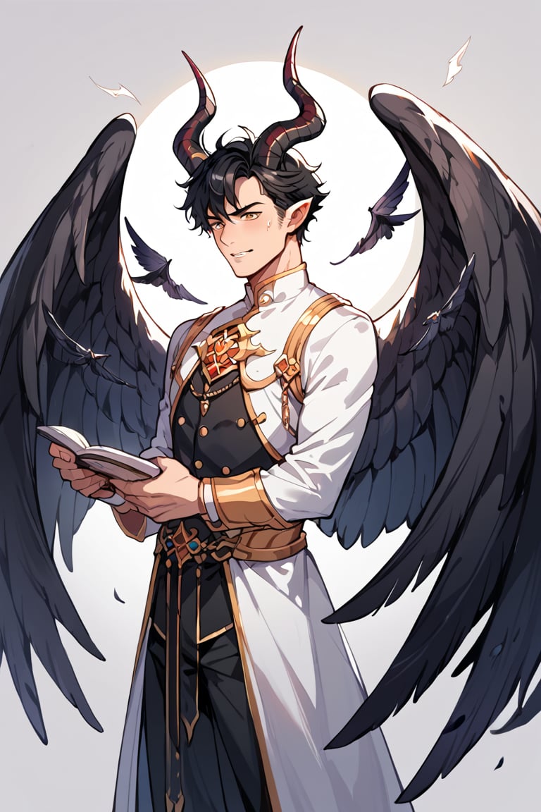 score_9_up, score_9, score_8_up, score_8, score_7, score_7_up, score_6_up, score_5_up, score_4_up, male, illustration, black hair, demon, regal horns, wings, black feathered wings, multiple wings, refined clothes, dressed, BREAK source_anime,