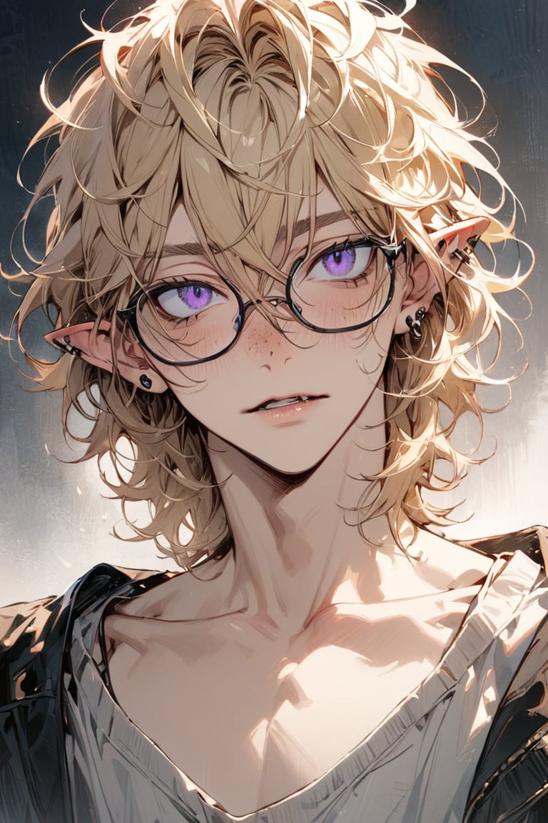 ((masterpiece)), ultra detailed, best quality, illustration, Beautiful eyes, detailed, background, stunning eyes, blonde hair, messy wavy hair, 1boy, male, nerdy, skinny, glasses, bruises, short hair, long bangs, deep blue eyes, purple eyes, vampire, pointed elven ears, freckled nose, lip ring, ear piercing, jacket,